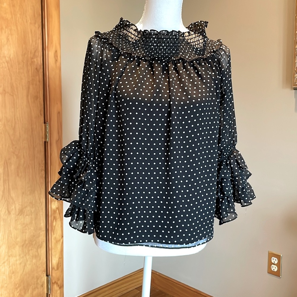 CeCe Black Polka Dot Ruffle Neck Blouse